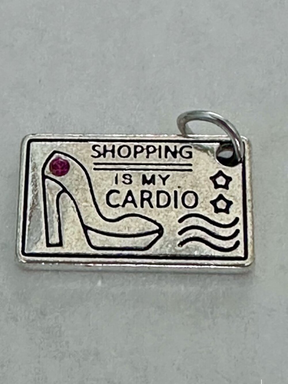 Effy "Shopping Is My Cardio" Silver Tone Charm Pink Crystal